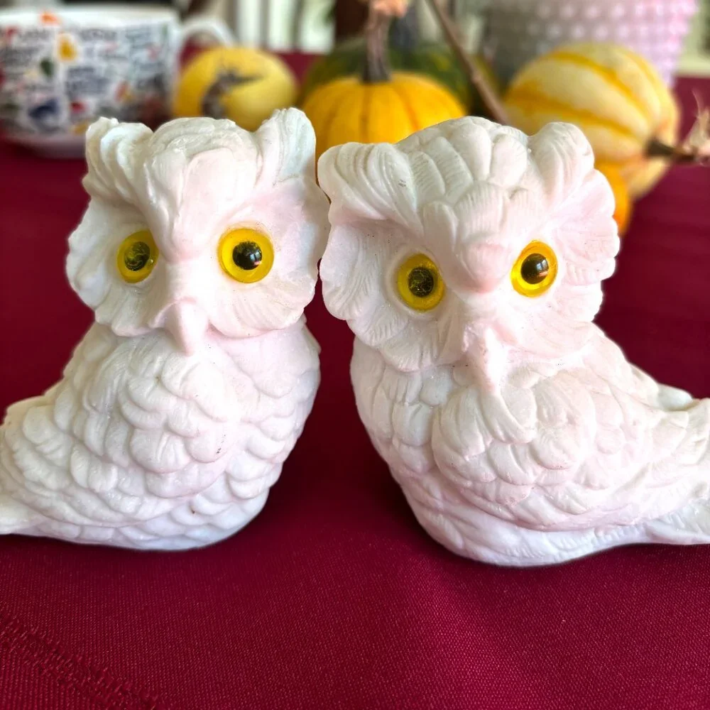 Vintage Pair Norleans White Alabaster Owls Handmade in Italy Figurine - Picture 1 of 12